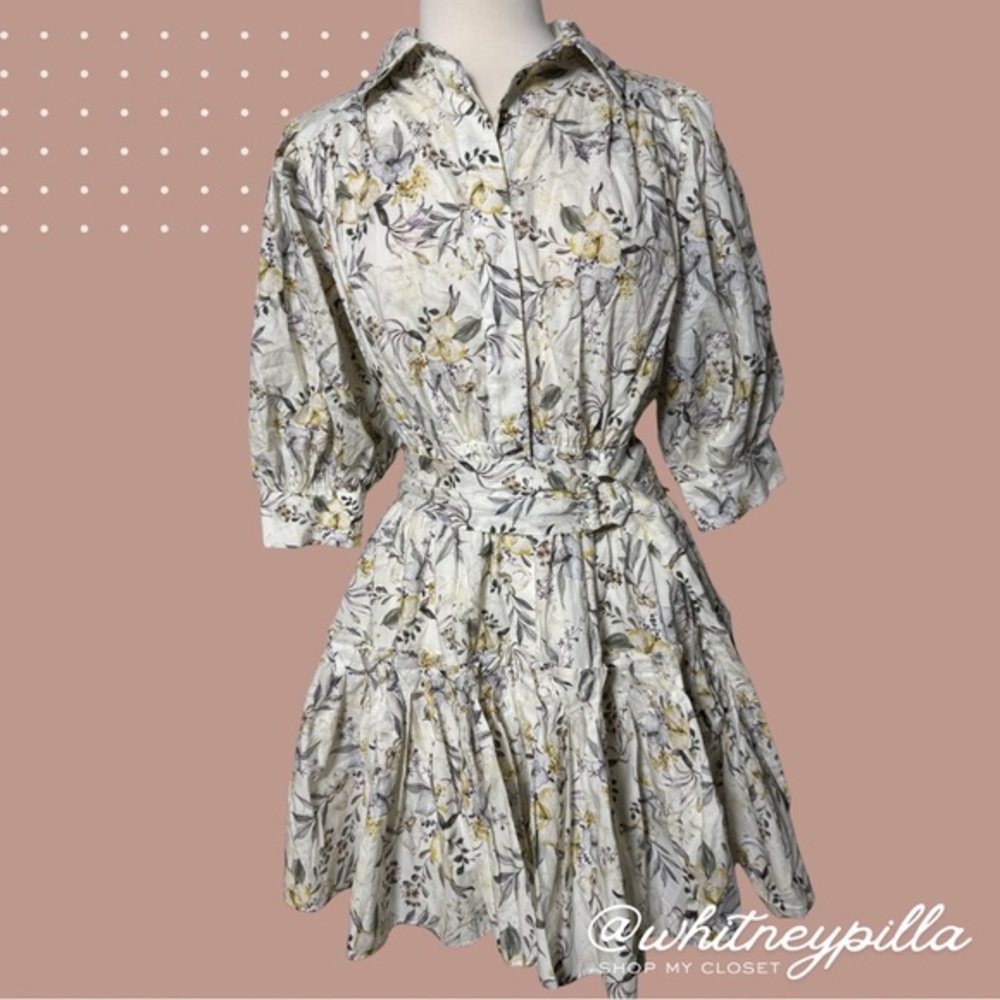 En Saison Shirt Dress off white Floral Cotton Puff Sleeve - Sage, yellow, purple